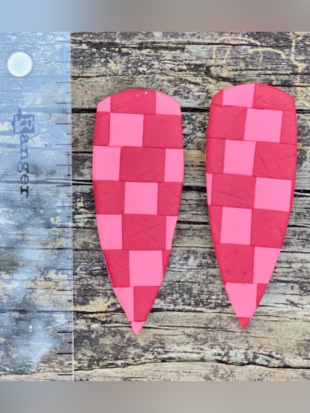 Handcrafted Checkerboard Teardrop Earrings in Pink and Red